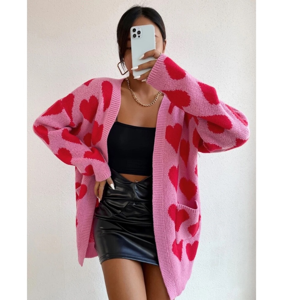 Allover Heart Pattern Knit Cardigan ๐ - Picture 2 of 5